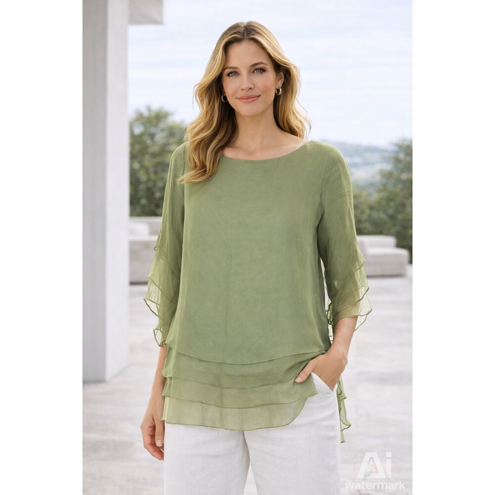Paul Cormack 100% Silk Blouse Green Sheer Layered Top Women's Large Romantic